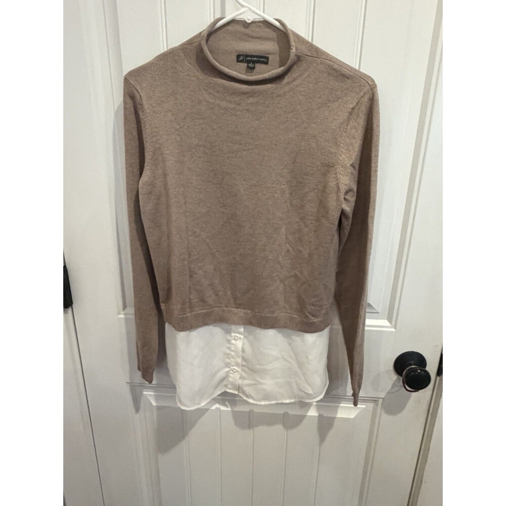 Adrianna Papell Womens S Taupe Cream Layered Look Sweater Shirt Mock Neck